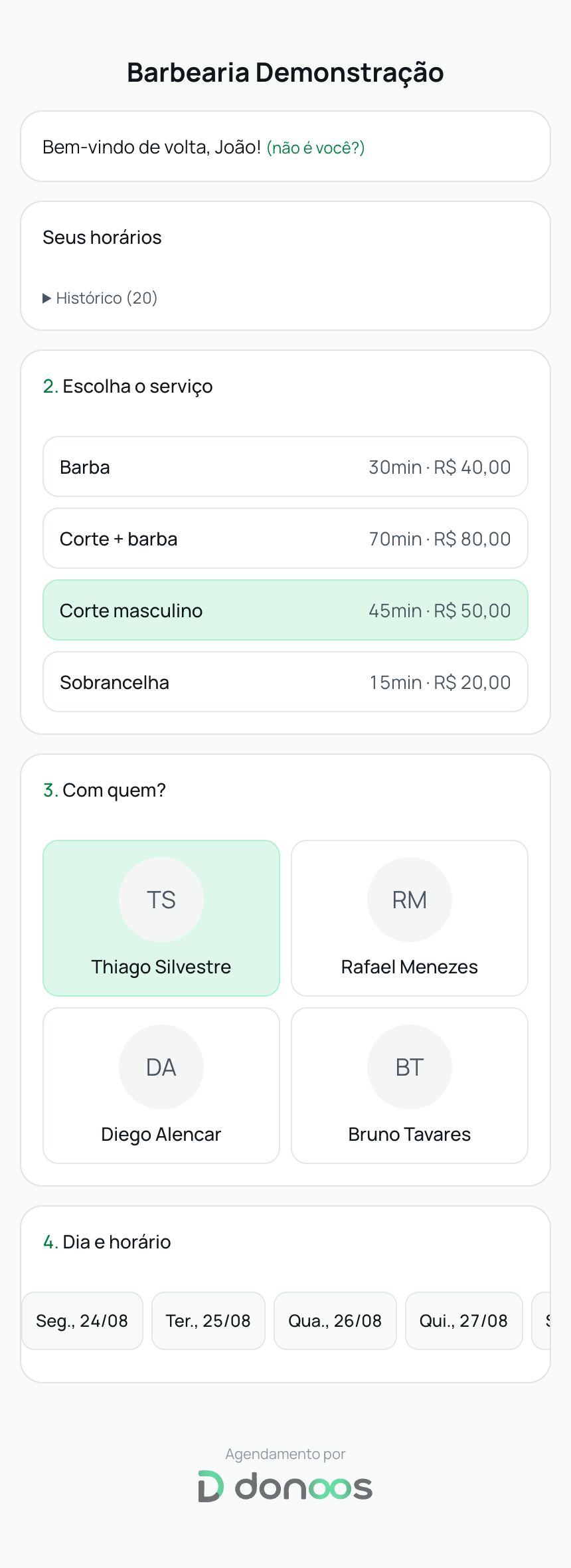Link público de agendamento no celular: cliente escolhe serviço, profissional e horário